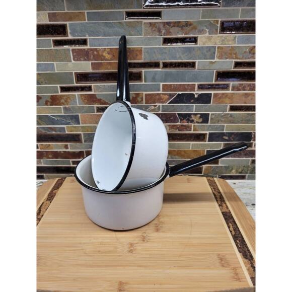 2 Vintage Enamelware, Sauce Pans, White Black Trim, Camping Pots - Picture 1 of 10